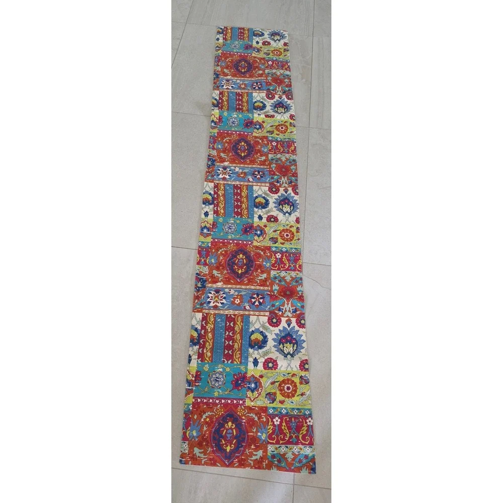 World Market Cotton Table Runner 16x90 Patchwork Floral Medallion Boho Autumn